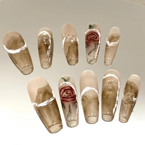 Generic Fatto a mano indossare unghie rosa inchiostro alone tintura dipinto a mano bellezza unghie lunghe con stile cinese e pannello per unghie staccabile (colore: 29269, taglia: L)