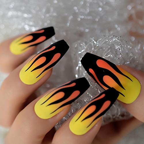 EchiQ Unghie Finte Giallo Arancione Faux Ongles Fuoco Nero Opaco Fiamma Unghie Finte Extra Lunghe Forma di Bara Unghie da Donna 24