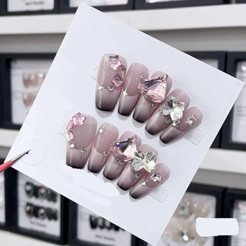 Generico Smalto for unghie fatto a mano, nail art a forma di becco d'anatra lungo con farfalla rosa carina, unghie finte riutilizzabili e staccabili, 10 pezzi (Color : 3215, Size : M)