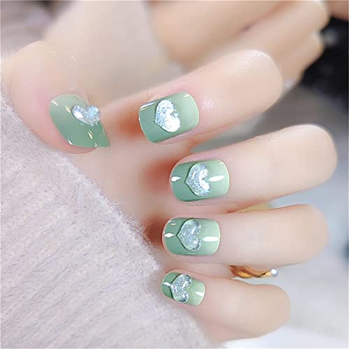 Generic Colla quadrata corta per unghie finte incluse, con cuore francese staccabile, stampa verde sulle unghie, 24 punte per nail art per saloni di unghie e donne fai da te nail art