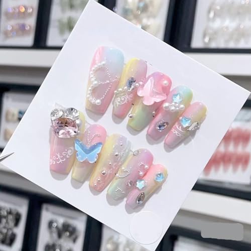 Generic Smalto per unghie fatto a mano, rosa carina farfalla lunga a forma di becco d'anatra nail art, riutilizzabili, unghie finte staccabili, 10 pezzi (colore: 3912, taglia: L)