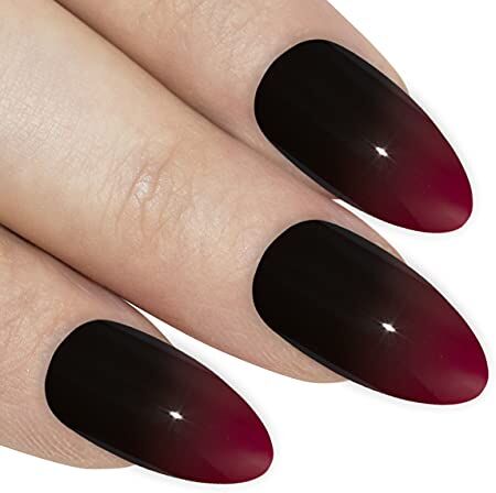 ART Unghie finte  Rosso Nero Lucida Stiletto 24 Mandorla Lunghe punte in acrilico con colla