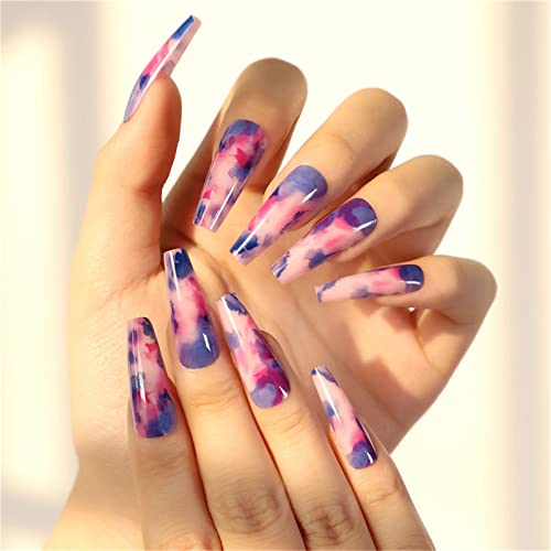 Generic Colla lunga per unghie finte con copertura completa inclusa, rimovibile in fiore viola con stampa francese su unghie, 24 punte per nail art per saloni di unghie e donne fai da te nail art