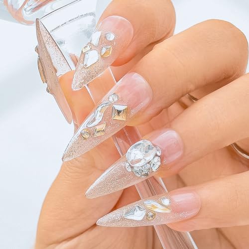 Sethexy Stiletto lungo Fatto a mano Unghie finte Strass Lucide Unghie finte Acrilico Cristallo Unghie finte Champagne Salone Unghie adesive 10PCS (5)