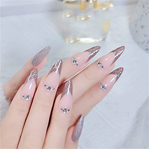 Generic Chiodo lungo finto a mandorla copertura completa con colla staccabile diamante glitter stampa francese sulle unghie 24 pezzi punte per nail art per saloni di unghie e donne fai da te nail art