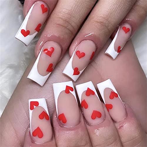 Generic 24pcs Amore Cuore Francese Bordo Bianco Chiodo Falso Copertura Piena Piazza Breve Premere sulle Unghie con Colla per Donne e Ragazze Nail Art Manicure Decorazione