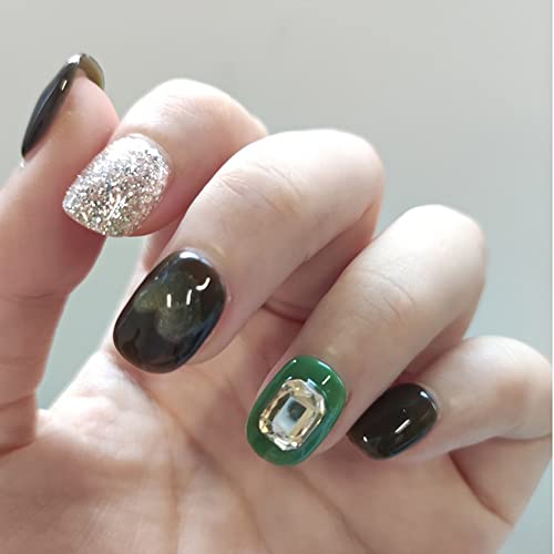 Ceboic Unghie Finte Corte Fatto a Mano, Acrygel French Unghie Finte con Colla, Set Unghie Finte Marrone e Verde per Donne e Ragazze Uso Quotidiano e di Festa, 10 pezzi Press on Nails