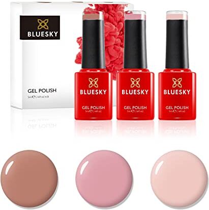 BLUESKY Smalto semipermente per Unghie Kit in Gel, Natural Nudes. Cocoa 80514, Soft Pink A055, Pink Pursuit 80623. 3 X 5Ml. (Soak off UV/LED Gel) Rosa, Marrone 15 ml