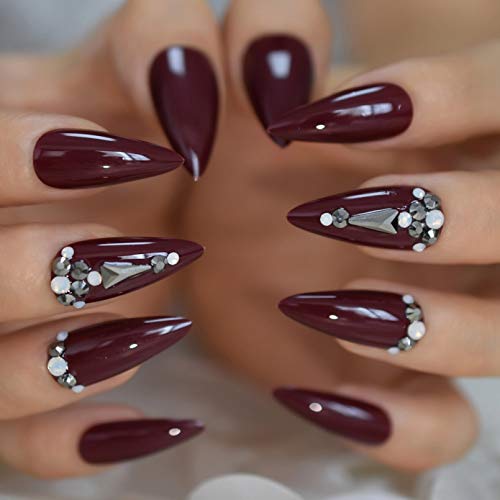 EchiQ URTJSDG Unghie Finte Maroon Red Unghie Finte Lungo Stiletto Acrilico Suggerimenti per Unghie Artificiali Suggerimenti per Manicure Decorativi con Strass 24