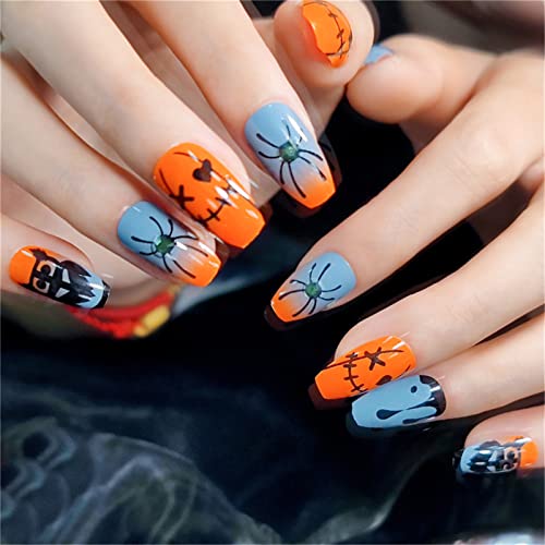 Generic Colla corta a copertura completa per unghie con mandorla inclusa, motivo ragno staccabile, arancione per Halloween, 24 pezzi, punte per nail art per saloni di unghie e donne fai da te nail art