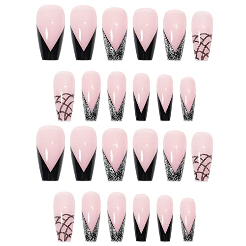 Generic 24 unghie finte con motivo a serpente francese, nere e rosa, con colla gelatina, corte, mezza copertura (rosa, taglia unica)