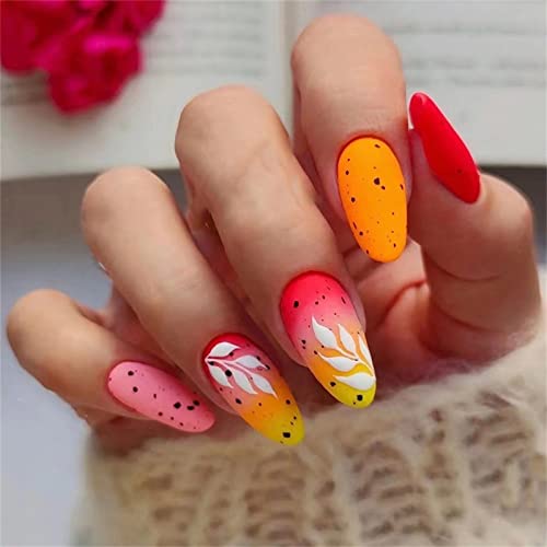 Generic 24pcs foglie colorate fioritura unghie finte copertura completa mandorla breve stampa su unghie con colla per donne e ragazze Nail Art Manicure decorazione