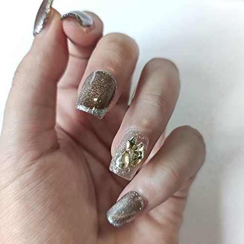 Ceboic Unghie Finte, Acrygel Fatto a Mano Unghie Finte con Colla, Set Unghie Finte Occhio di Gatto Marrone per Donne e Ragazze Uso Quotidiano e di Festa, 10 pezzi Press on Nails