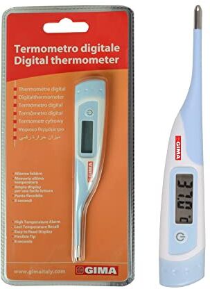 GIMA Termometro Digitale Istantaneo, 8 Secondi, °C/°F, per Adulti e Bambini, Punta Flessibile, Impermeabile, con Ampio Display LCD, Allarme Febbre e Scatola Appendibile