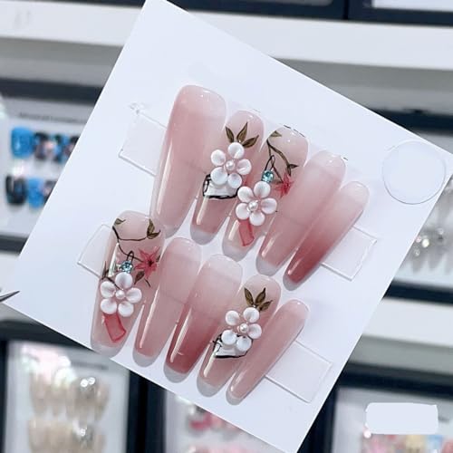 Generico Smalto for unghie fatto a mano, nail art a forma di becco d'anatra lungo con farfalla rosa carina, unghie finte riutilizzabili e staccabili, 10 pezzi (Color : 3921, Size : L)