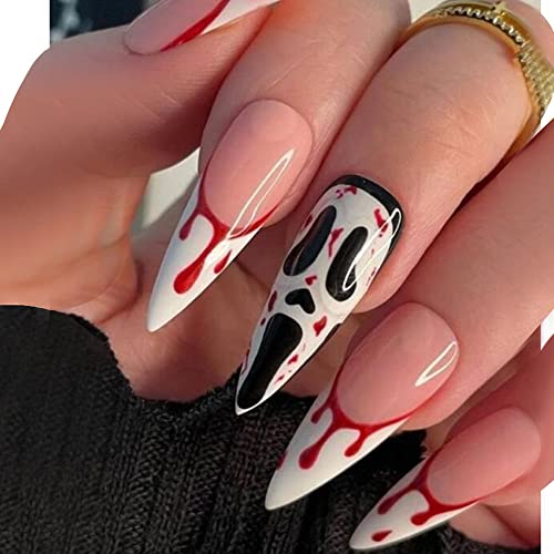 Generic Stiletto lunga finta copertura completa per unghie con colla rimovibile fantasma Halloween premere sulle unghie, 24 punte per nail art per saloni di unghie e donne fai da te nail art