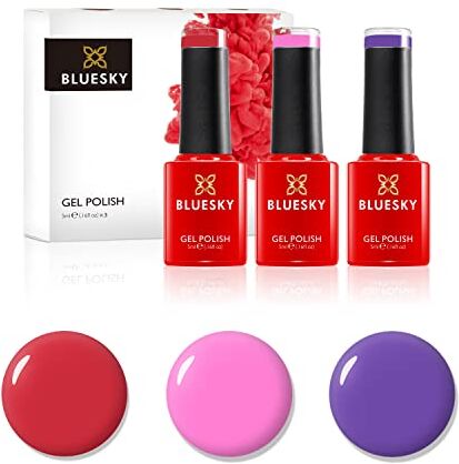 BLUESKY Smalto semipermente per Unghie Kit in Gel, 10 Year Anniversary Collection Set 1. 3 x 5ml (Soak off UV/LED Gel) Rosso, Viola 15 ml