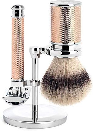 MÜHLE Set da barba in metallo cromato placcato oro rosso rasoio a pettine chiuso pennello da barba Silvertip Fibre®