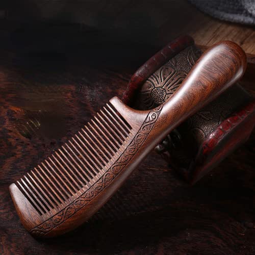 MILLOO Pettine in legno fatto a mano Districante pettine con denti fini in legno di sandalo naturale pettine con manico per donna uomo, 20 cm