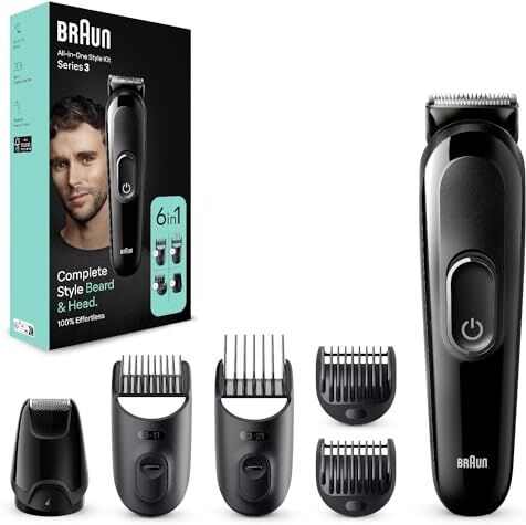 Braun REGOLABARBA Tagliacapelli Uomo, Rasoio Elettrico Barba e Capelli, 6-In-1 Styling Kit Ideale per Barba, Capelli, 50 Minuti Di Utilizzo Senza Fili, MGK3410