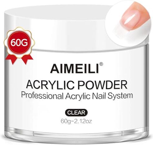 AIMEILI 60g Polveri Acriliche Trasparente, Professionale Clear Polvere Acrilica per Estensione Unghie, Scultura Unghie per Studi di Nail Art o Manicure fai da te a Casa, 60g