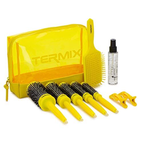 Termix Pack Brushing in 3 Passi. Comprende 5 Spazzole per capelli , Siero per Capelli per Open Ends, Spazzola per Capelli Paddle per Detangling e 2 Pinzette. Colore Giallo Fluoruro.