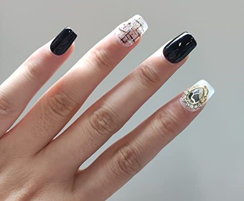 Ceboic Unghie Finte Fatto a Mano, Acrygel Unghie Finte con Colla, Set Unghie Finte Bianco e Nero Decorato con Reticolo e Strass per Donne e Ragazze Uso Quotidiano e di Festa, 10 pezzi Press on Nails