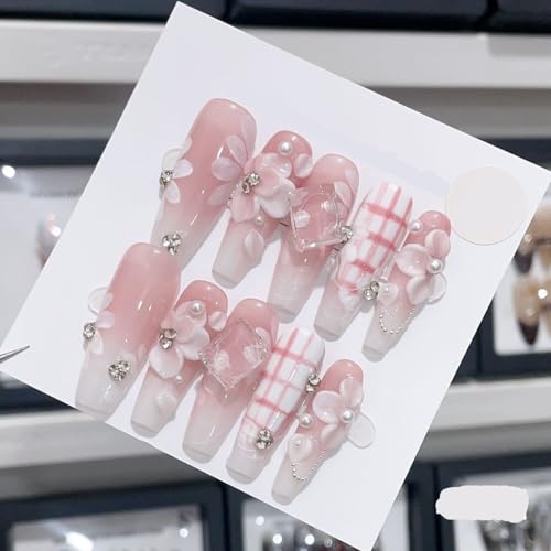 Generico Smalto for unghie fatto a mano, nail art a forma di becco d'anatra lungo con farfalla rosa carina, unghie finte riutilizzabili e staccabili, 10 pezzi (Color : 4901, Size : M)