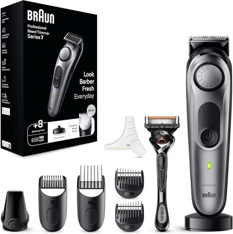 Braun Series 7 Rasoio Elettrico Barba Con Lama Barba Problade, Regolabarba Uomo 40 Lunghezze, Accessori Da Barbiere, Base Di Ricarica, Custodia,  Nero/Verde Elettrico