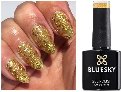 BLUESKY Smalto gel soak off per unghie con brillantini, 10 ml, colore: Oro brillante