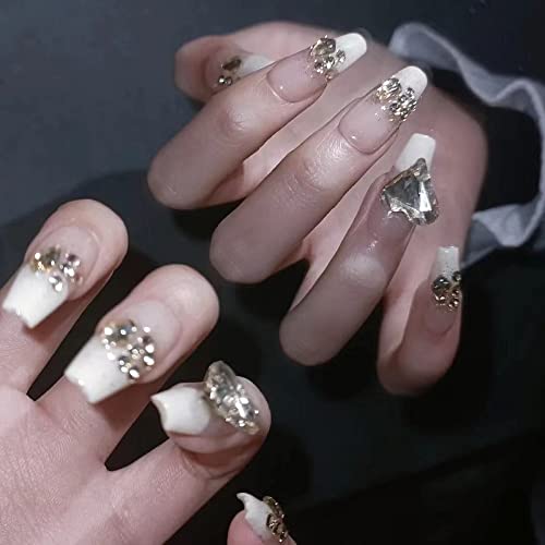 Ceboic Unghie Finte,Acrygel French Unghie Finte con Colla,Set Unghie Finte Adesive Albicocca con Decorazione Strass per Donne e Ragazze Uso Quotidiano e di Festa,10 pezzi Press on Nails Fatto a Mano