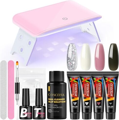 COSCELIA Kit Estensione Gel Set con Lamapda LED, Top Base Coat Semipermanente, Set per Strumenti per Unghie