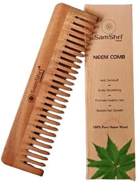 SamShri Pettine biologico in puro legno di neem, per la crescita dei capelli, per uomini e donne (pettine in neem a denti larghi)