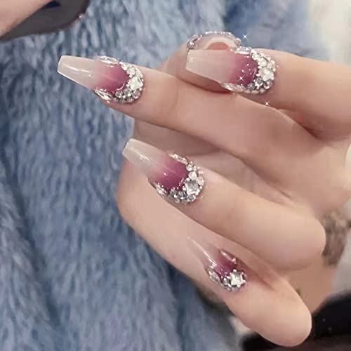 Ceboic Unghie Finte, Acrygel Unghie Finte Fatto a Mano, Set Unghie Finte con Colla, 10pcs Press on nails Viola Sfumato con Decoro Strass per Donne e Ragazze Uso Quotidiano e di Festa