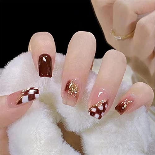 Generic Unghie finte quadrate corte con colla scacchiera staccabile stampa autunnale sulle unghie 24 pezzi punte per nail art per saloni di unghie e donne fai da te nail art