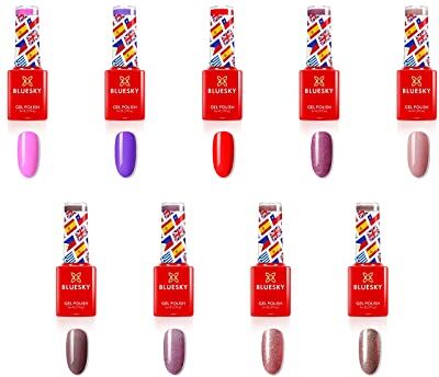 BLUESKY Smalto semipermente per Unghie Kit in Gel, 10 Year Anniversary Full Collection. 9 x 5ml (Soak off UV/LED Gel) Rosso, Viola, Rosa, Glitter 15 ml