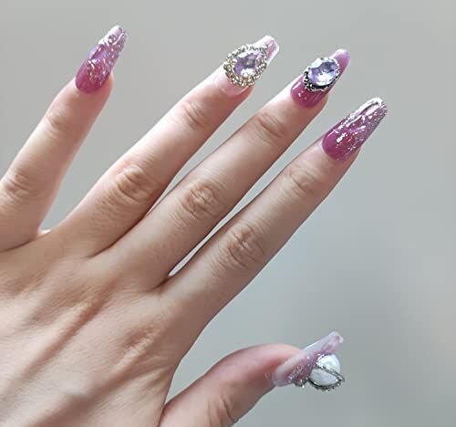 Ceboic Unghie Finte, Acrygel Ballerine Unghie Finte con Adesive, Set Unghie Finte Viola Decorato con Strass e Perla per Donne e Ragazze Uso Quotidiano e di Festa, 10 pezzi Fatto a Mano Press on Nails