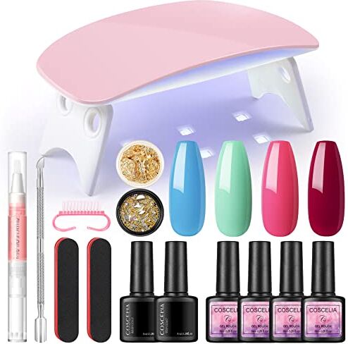 COSCELIA Nail Art Design Set con lampada LED per unghie 4 pezzi smalti semipermanenti con base e top coat lima per unghie olio per cuticole e pennello per unghie kit per principianti