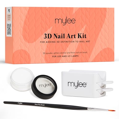 MYLEE Kit per nail art 3D, per creare manicure professionali a casa, il set include un vasetto di polvere 3D trasparente, un raccoglitore di polvere, un pennello sottile da 9 mm per dettagli, nail art