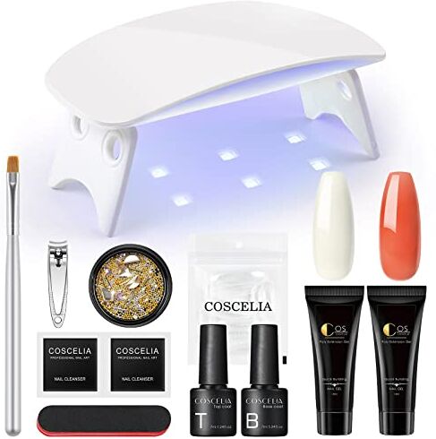 COSCELIA Kit Estensione Gel, Lampada Unghie LED 6W, Set Manicure Estensione Unghie, 2*10ml Poli Unghie Gel Trasparente 50pcs Unghie Finte Strumenti Nail Art