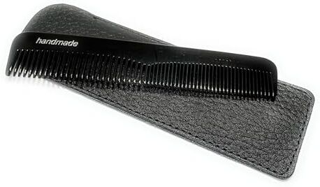 Crown Pettine tascabile segato 12 cm, realizzato a mano, nero con due denti fini + normale con vera pelle, custodia nera (500 CA ET)