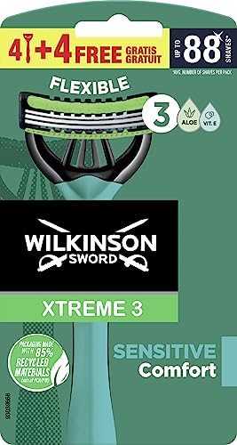 Wilkinson Sword Xtreme 3 Sensitive Rasoi usa e getta con 3 lame flessibili e banda lubrificante all'aloe vera e vitamina E, confezione promozionale 4 + 4 pezzi