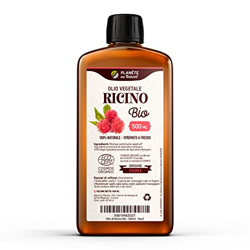 Planète au Naturel Oli di Ricino Biologico 500 ml- 100% Puro e Pressato a Freddo Capelli, Ciglia, Barba, Sopracciglia, Unghie