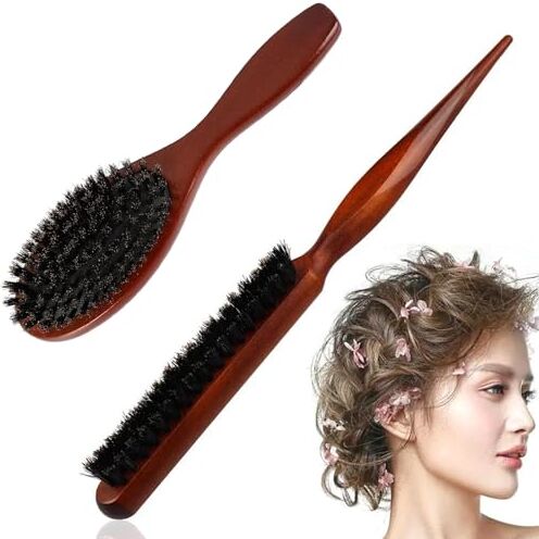 Hyxodjy 2 Pezzi Spazzola con Setole di Cinghiale,Spazzola per Capelli con Legno Professionale Pettini Spazzola con Setole Naturali per Capelli Sottili e Fini, Spazzola per Barba(Rosso Marrone)