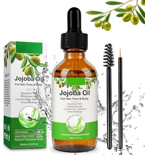 KLLALO Olio di Jojoba Biologico 60ml Olio essenziale, 100% Puro, Naturale e Pressato a Freddo Viso, Corpo, Capelli, Barba, Unghie, Jojoba Oil Bottiglia di Vetro + Pipetta + Pompa (Jojoba Oil)