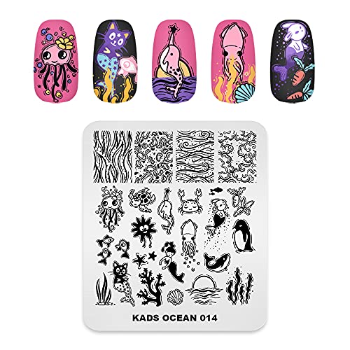 KADS OC014 Piastre per nail art, decorazione fai da te, motivo: delfini, polipo, tartaruga marina, granchio d'onda