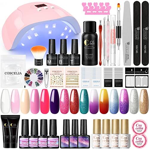 COSCELIA 2PCS Kit per Ricostruzione di estensioni con 2 pezzi di gel colorato UV e lampada per unghie da 36W 11 pezzi di Smalti Semipermanenti Starter Set con Top&Base Coat per il design delle unghie UV