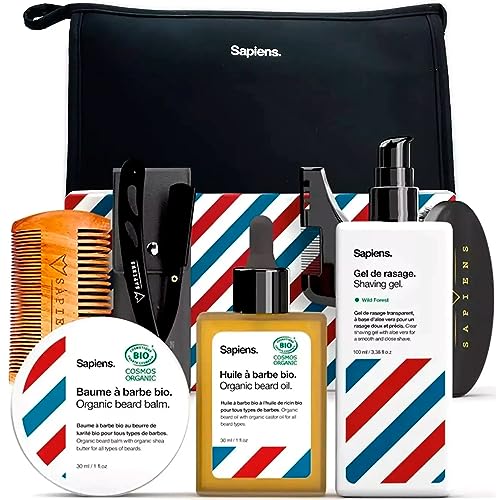 Sapiens Kit Cura Barba Uomo e Rasatura Bio Set regalo per uomo con cura della barba Made in France: gel da barba, olio per barba biologico, balsamo per barba biologico, rasoio, accessori, kit da toilette