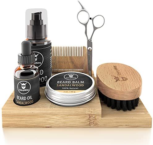 Viking Kit per la cura della barba con cestino, olio e balsamo per la cura della barba, shampoo per barba, pettine in legno, spazzola per barba e forbici da taglio, 7 pezzi regalo per la