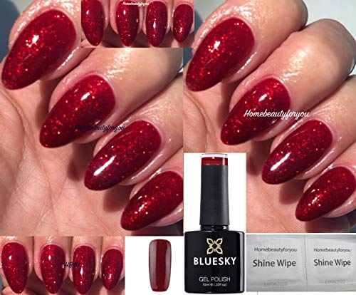 BLUESKY - Smalto gel soak-off glitterato, KS4010, colore: Rosso, per lampada LED o UV, da 10 ml e IN REAGLO 2 salviette lucidanti Homebeautyforyou.